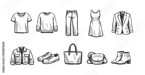 Hand-drawn style illustration featuring a set of garments and accessories. Suitable for fashion design, retail promotion, or creative projects requiring a sketched aesthetic.