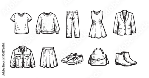 Black and white vector illustration of various clothing and accessories items. Perfect for fashion blogs, e-commerce, design projects, and infographics relating to style and apparel.