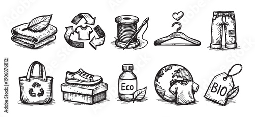 Black and white sketches of sustainable fashion icons. Includes textile recycling, natural materials, and ethical manufacturing. Ideal for blog posts, social media, and eco-conscious brand materials.