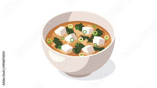 A vibrant vector illustration displaying a comforting bowl of Japanese soup, featuring delicate tofu cubes, fresh green scallions, and savory
