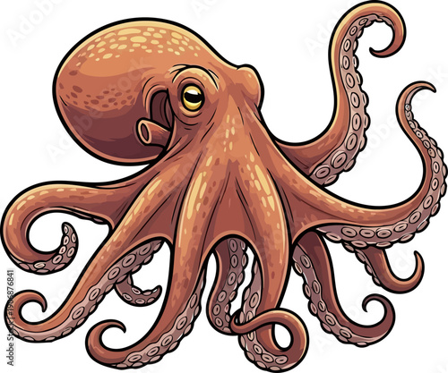 Orange octopus spreading tentacles with detailed suction cups