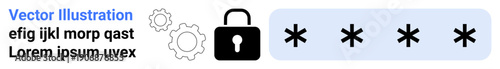 Cybersecurity, password protection, data encryption, privacy settings, secure access, technology. A lock symbol, gears and password field. Cybersecurity and password protection concepts