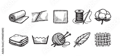 A collection of hand-drawn style icons related to sewing, textiles, and crafting, creating a vintage, DIY, or handmade aesthetic. For blogs or educational materials.
