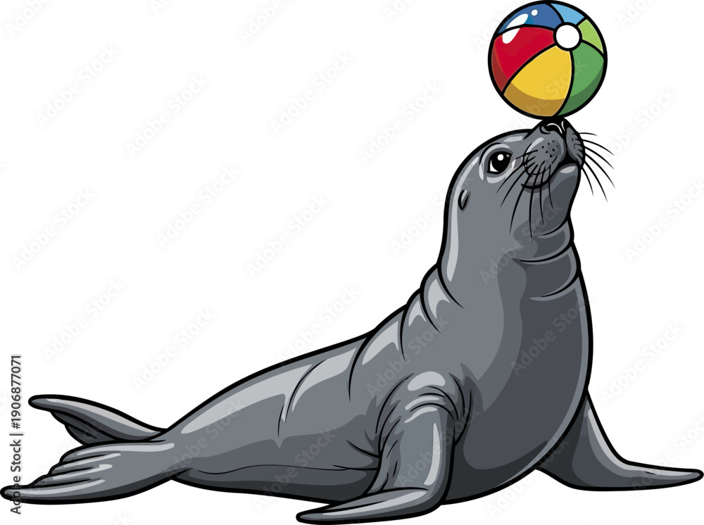 Fototapeta premium Playful sea lion balancing a colorful beach ball on its nose