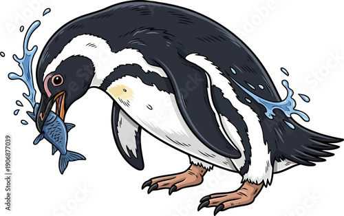 Penguin splashing in water while holding a fish