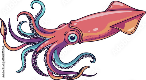Pink and purple squid with spreading tentacles
