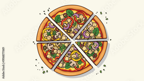 Vibrant vegan pizza illustration, expertly sliced into six delicious wedges, showcasing an appealing assortment of colorful vegetables including