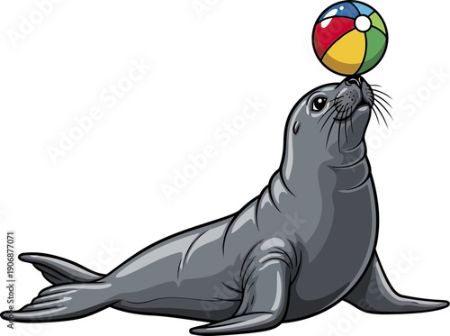 Playful sea lion balancing a colorful beach ball on its nose