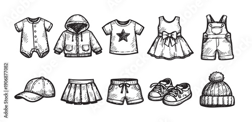 A hand drawn vector sketch of a collection of baby and toddler clothing items. Includes onesie, hoodie, t-shirt, dress, overalls, cap, skirt, shorts, shoes and winter hat.