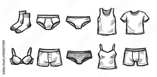 Hand-drawn sketch featuring a variety of clothing items, including underwear, socks, bra, t-shirt, and tank top. Use for fashion, retail, apparel, or personal style concepts.