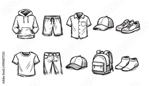 Illustration of hand drawn style clothing and accessories. Includes hoodie, shorts, shirt, jeans, t-shirt, backpack, socks, sneakers, and baseball caps. Isolated on white.