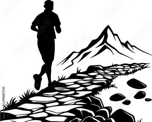Trail Running Silhouette on Rocky Mountain Path Black and White Vector Graphic