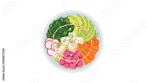 Vibrant healthy food bowl illustration featuring fresh avocado tofu seaweed radish and carrots a perfectly balanced plant-based meal promoting