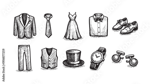 Black and white doodle illustration of formal wear items, including dress, suit, tie, watch, and cufflinks. Use for fashion, weddings, or event planning materials.