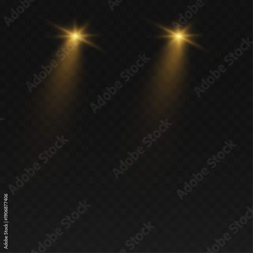 Car lights effect on transparent backdrop. Isolated yellow headlights. Realistic automobile flares. Bright car beams concept. Rays on road. Vector illustration
