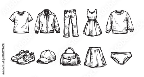 Illustration of various fashion items: shirt, jacket, jeans, dress, sweater, shoes, hat, purse, skirt, underwear. Great for fashion design, catalogs, or blog posts.