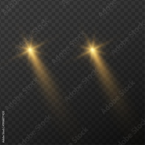 Car lights effect on transparent backdrop. Isolated yellow headlights. Realistic automobile flares. Bright car beams concept. Rays on road. Vector illustration