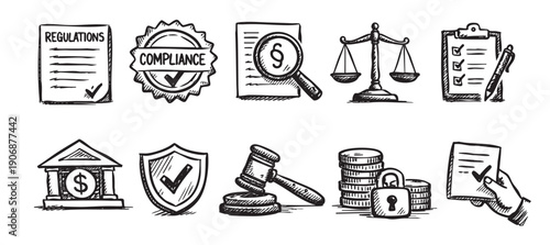 Hand drawn icon set depicting legal and financial regulatory compliance, including regulations, compliance seal, legal review, scales of justice, bank, gavel. Black and white sketch style.
