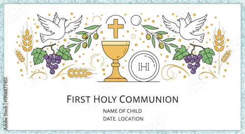 First Holy Communion invitation with religious symbols and details (1)
