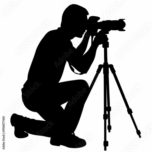 Kneeling Male Photographer with Camera and Tripod Silhouette Vector