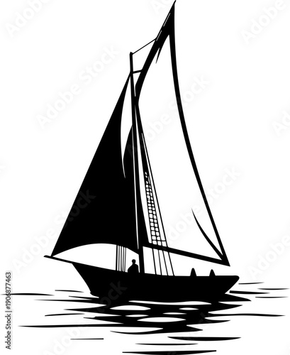 Classic Sailboat Vector Silhouette Sailing on the Ocean Water Nautical Marine Transportation Graphic Icon