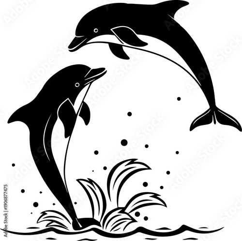 Stylized vector graphic of two black silhouette dolphins jumping out of the ocean water with splashes and drops