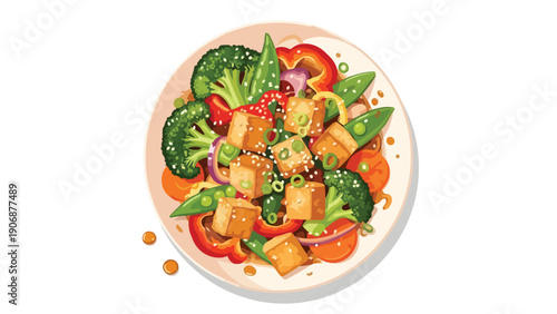 Nutritious vegan stir-fry illustration featuring golden tofu with vibrant broccoli and fresh bell peppers