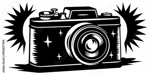 Vintage Retro Film Camera Illustration with Starburst Flash and Stars