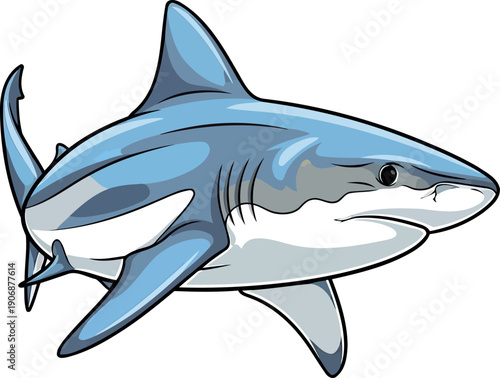 Sleek blue shark swimming through deep water with sharp dorsal fin