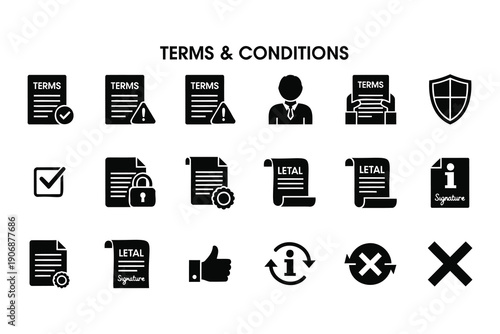 Modern flat design terms and conditions icons collection featuring documents approval security and signatures