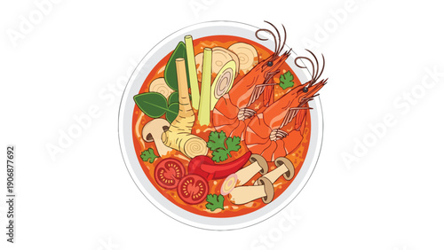 Vibrant illustration of classic Thai Tom Yum soup, highlighting succulent prawns, fresh mushrooms, aromatic lemongrass, and chili. Authentic Asian