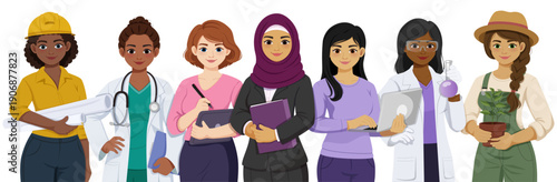 Diverse Women in Different Jobs & Professions Standing Together, Female Characters Representation in Healthcare, Technology, Construction, Science & Agriculture, Empowered Multiethnic Female Workers