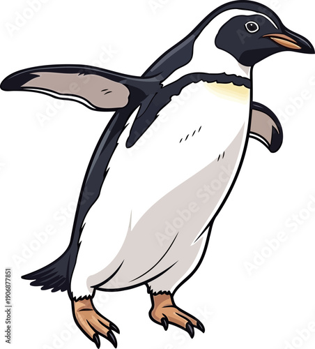 Standing penguin with flippers outstretched in a curious pose