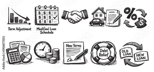 Conceptual sketch illustration depicting loan modification, refinancing, debt relief, and term adjustments. Ideal for illustrating financial planning, debt management, and real estate topics.