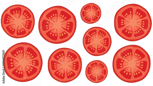 Vibrant assorted red tomato slices artfully arranged against a clean background