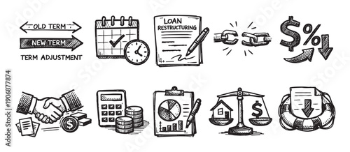 Hand-drawn illustration featuring icons representing financial restructuring, loan adjustments, recovery, and stability. Ideal for use in finance, investment, and economic-themed content.