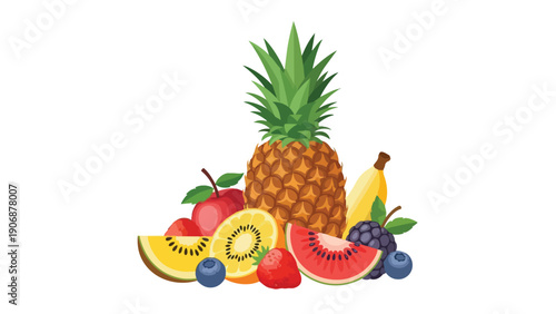 A delightful, vibrant collection of fresh, assorted tropical and temperate fruits, perfectly arranged showcasing natural abundance, rich colors, and