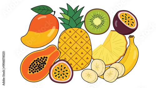 Vibrant cartoon tropical fruit medley illustration isolated white background fresh healthy delicious natural food source for healthy diet and