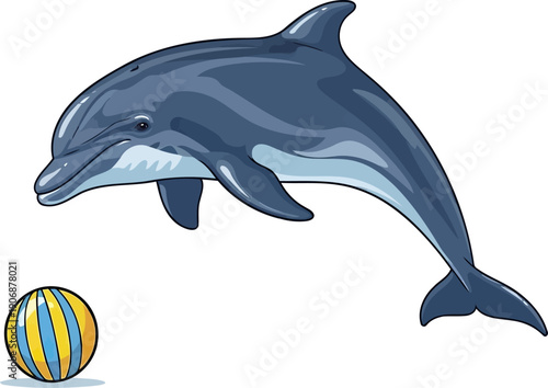 Trained dolphin playing with a striped beach ball
