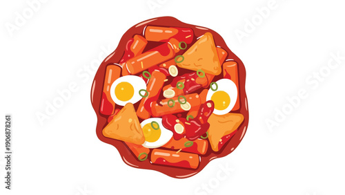Vibrant Korean Tteokbokki Illustration with Eggs and Fish Cakes, A Culinary Delight Rendered Digitally
