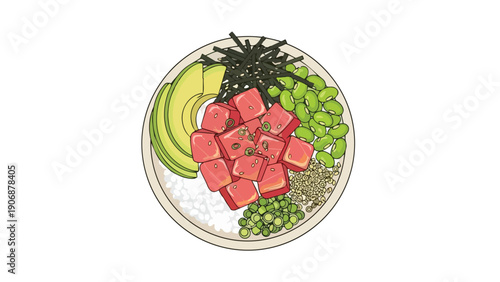 Exquisite vibrant poke bowl illustration showcasing fresh tuna cubes, creamy avocado slices, and healthy edamame with crisp seaweed, served over
