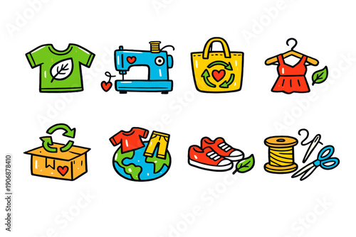 Sustainable fashion and recycling icons: clothing, sewing, and eco-friendly shopping