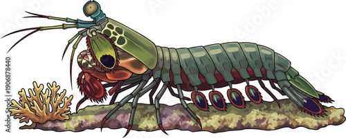 Vibrant peacock mantis shrimp on a coral reef