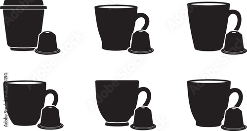Black Solid Coffee Cup with Coffee Capsules Silhouettes Set of Six on White Background