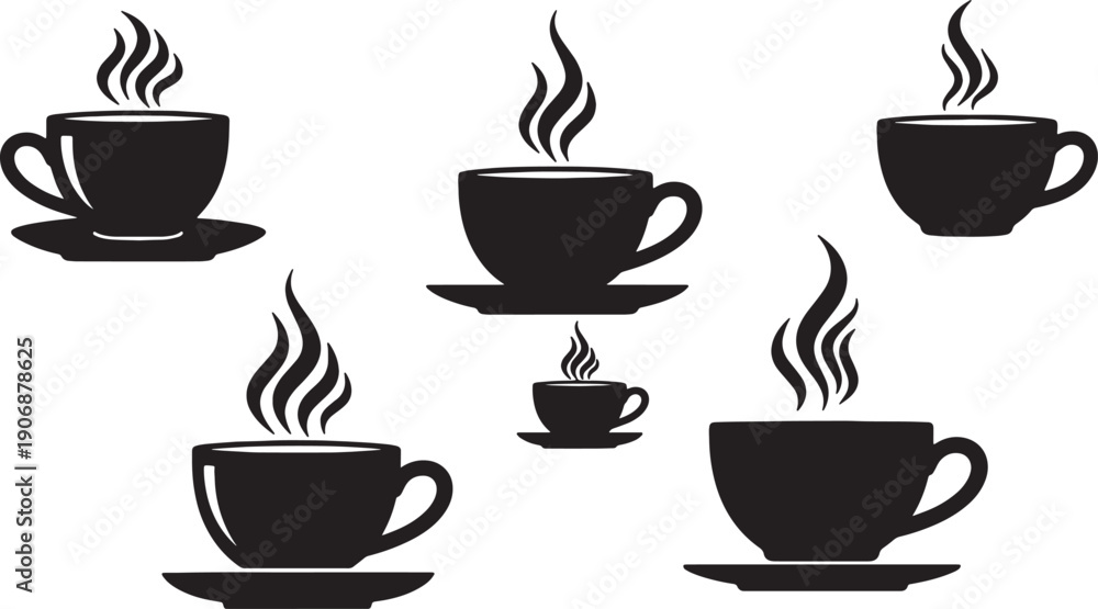 Fototapeta premium Black Solid Coffee Cup Prominent Steam Silhouettes Set of Six on White Background