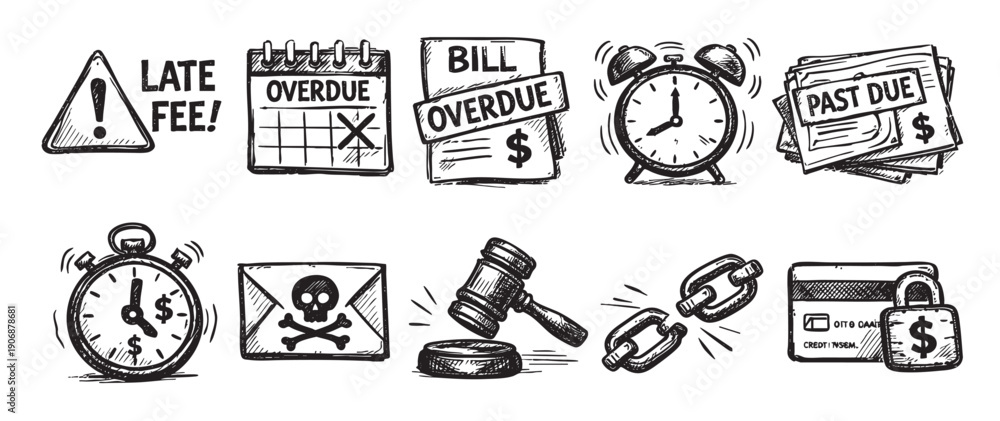 Fototapeta premium Hand-drawn vector illustration set depicting late fees, overdue bills, debt, and financial risks, perfect for illustrating finance, business, or economic concepts.