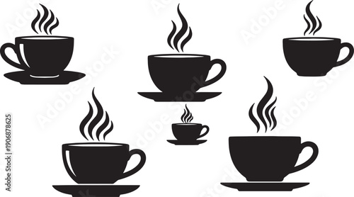 Black Solid Coffee Cup Prominent Steam Silhouettes Set of Six on White Background