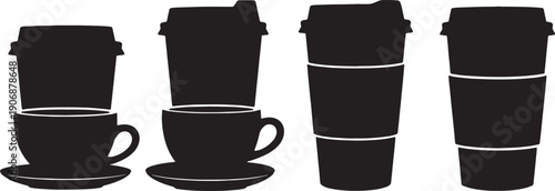 Black Solid Coffee Cup Retail Display Silhouettes Set of Six on White Background