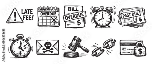 Hand-drawn vector illustration set depicting late fees, overdue bills, debt, and financial risks, perfect for illustrating finance, business, or economic concepts.