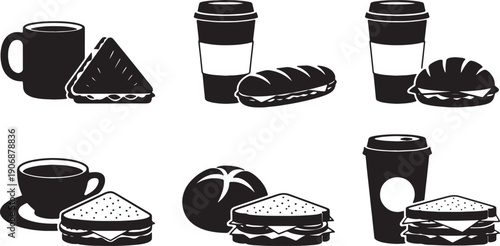 Black Solid Coffee Cup with Sandwiches Silhouettes Set of Six on White Background